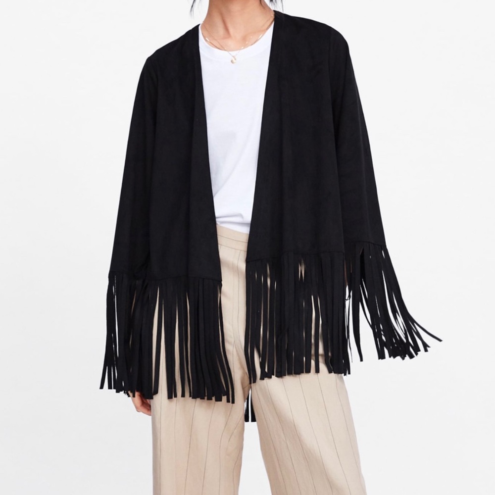 Zara Black Faux Suede Fringe Jacket